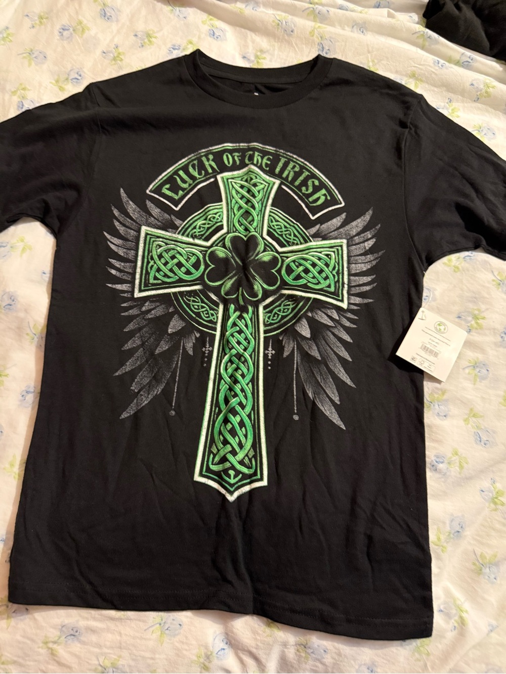 Black Graphic Celtic Cross T-Shirt with Green Accent